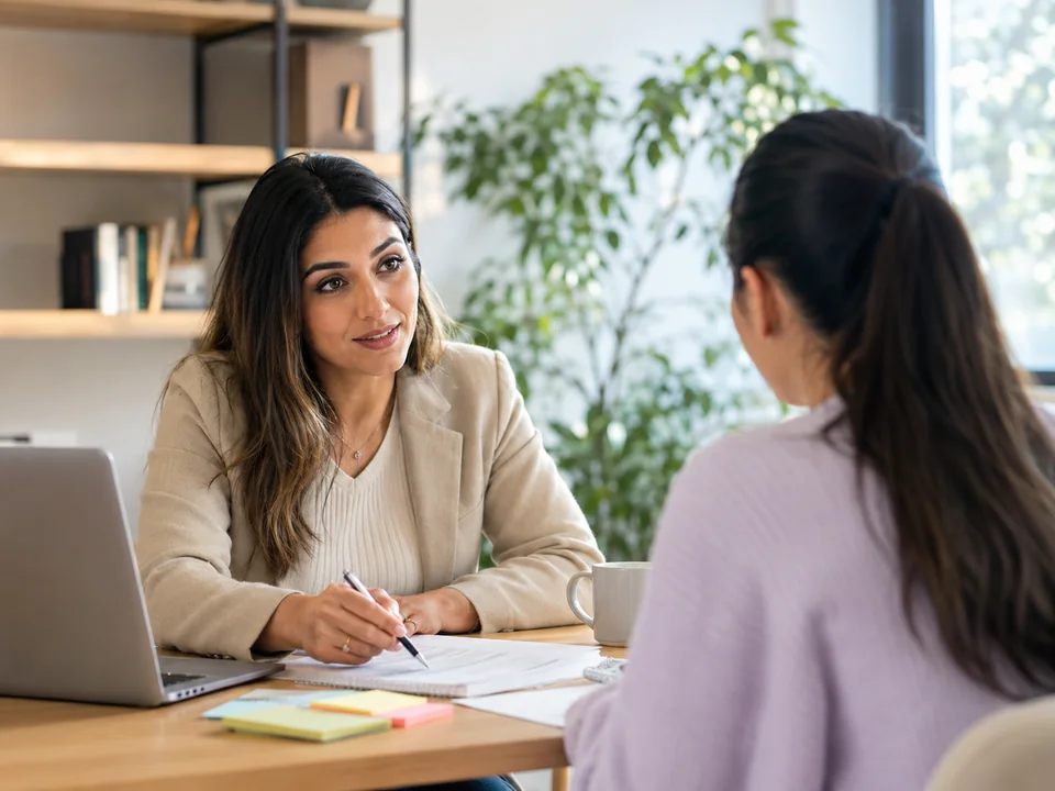 An admissions coach reviewing interview answers with an applicant during a one-on-one session